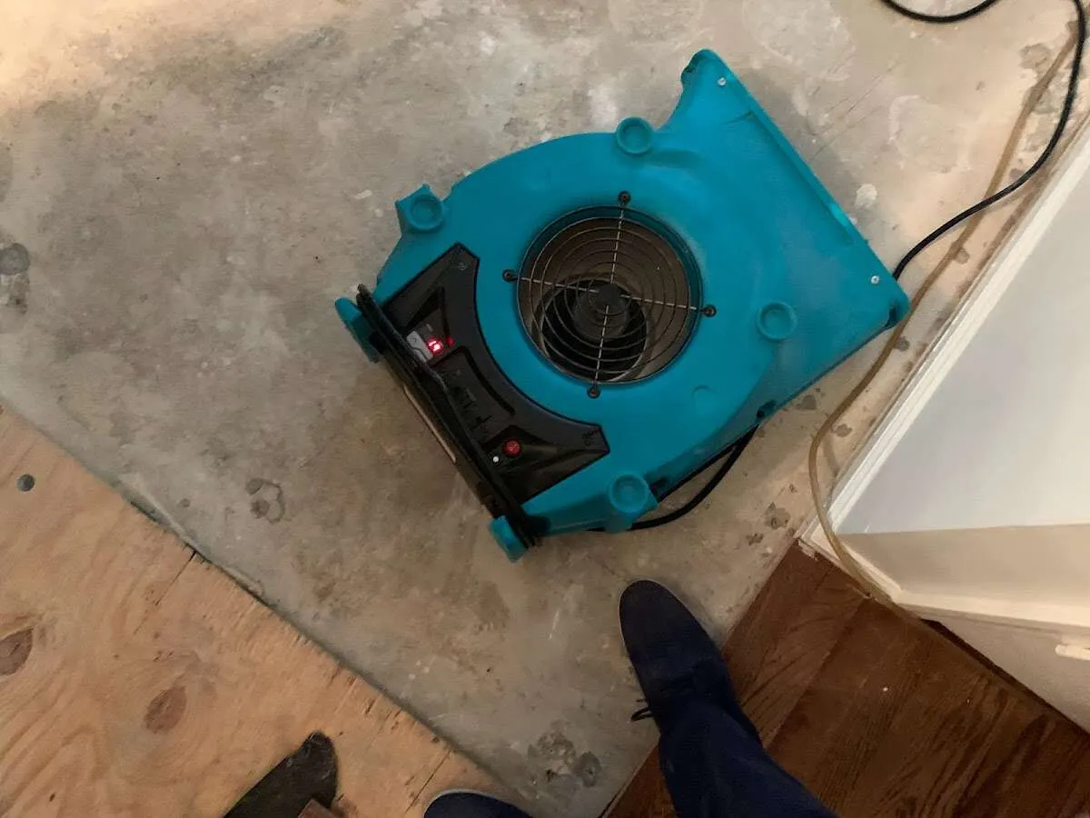 Air mover drying subfloor during Commercial Water Damage Restoration in Mullica